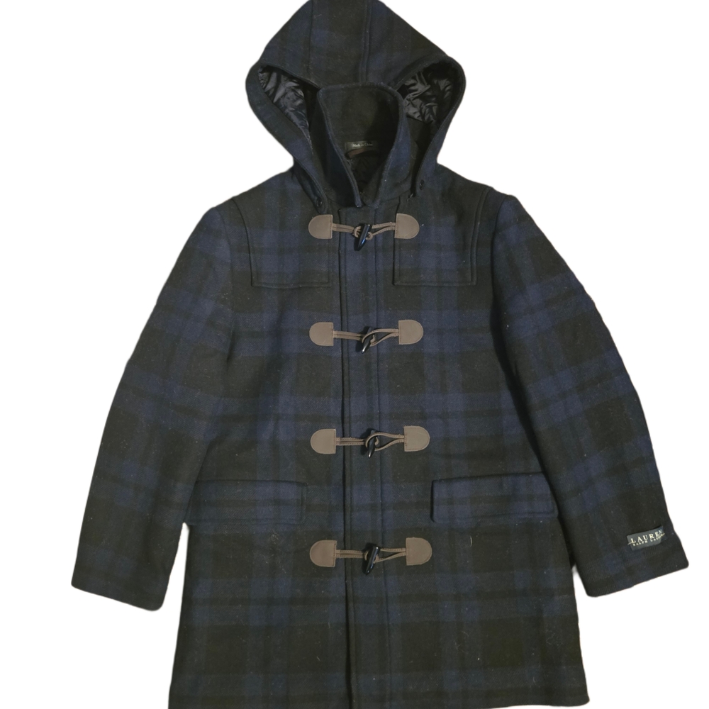 Navy & Black Plaid Hooded Duffle Coat